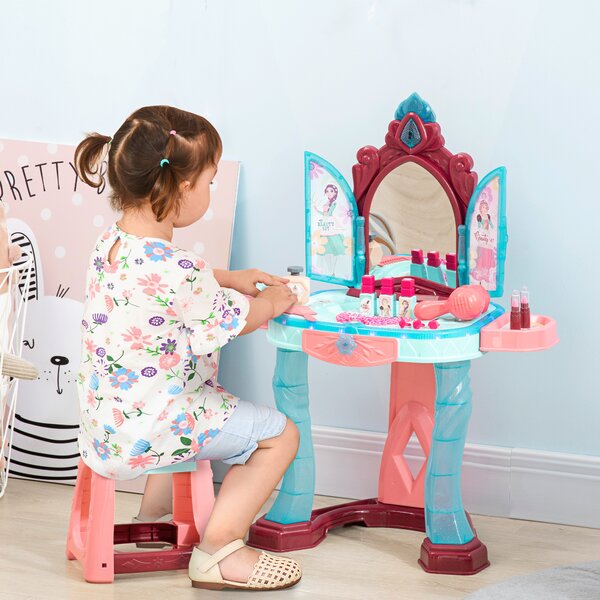HOMCOM 31 Piece Children's Dressing Table Set with Enchanted Princess Mirror, Musical and Light-Up Beauty Kit, for Ages 3-6, Blue and Pink Aosom UK