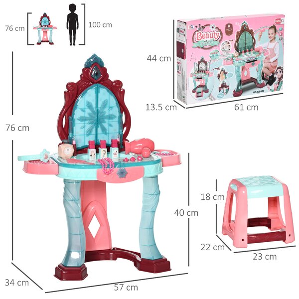 HOMCOM 31 Piece Children's Dressing Table Set with Enchanted Princess Mirror, Musical and Light-Up Beauty Kit, for Ages 3-6, Blue and Pink Aosom UK