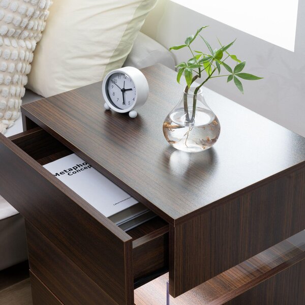 Modern Nightstand with Acrylic Board and 3 Slide Drawers, Bedside Table Cabinet with Multi-Colour LED Light, 50L x 37.5W x 60H cm, Walnut Aosom.UK