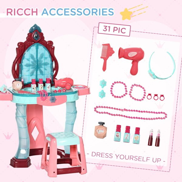 HOMCOM 31 Piece Children's Dressing Table Set with Enchanted Princess Mirror, Musical and Light-Up Beauty Kit, for Ages 3-6, Blue and Pink Aosom UK