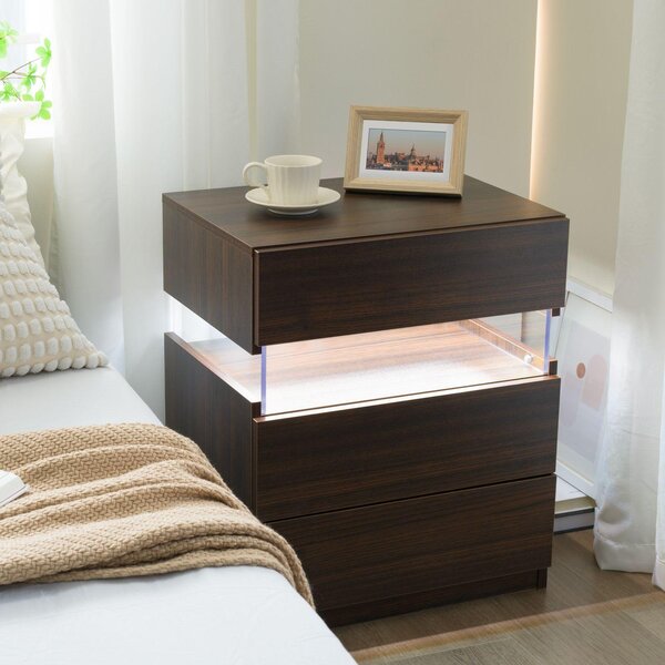 Modern Nightstand with Acrylic Board and 3 Slide Drawers, Bedside Table Cabinet with Multi-Colour LED Light, 50L x 37.5W x 60H cm, Walnut Aosom.UK