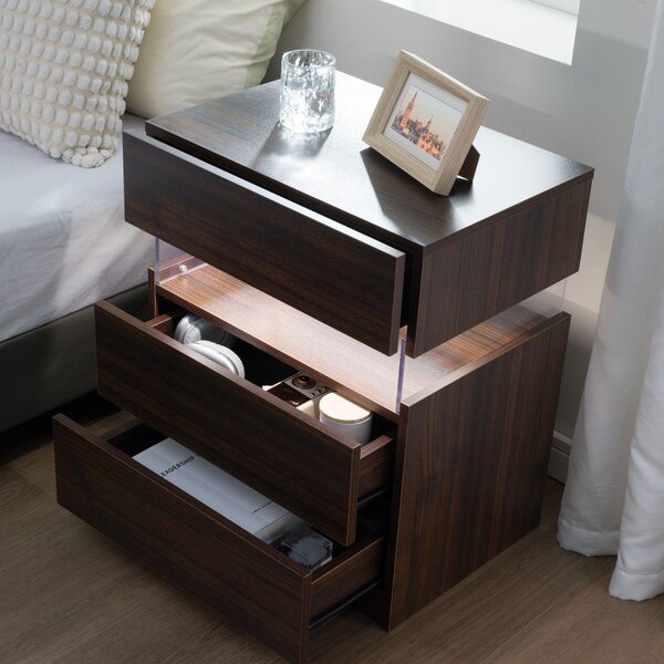Modern Nightstand with Acrylic Board and 3 Slide Drawers, Bedside Table Cabinet with Multi-Colour LED Light, 50L x 37.5W x 60H cm, Walnut Aosom.UK