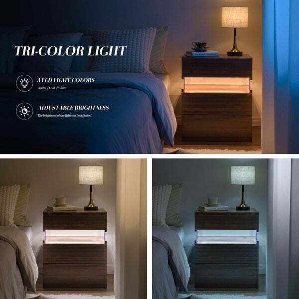 Modern Nightstand with Acrylic Board and 3 Slide Drawers, Bedside Table Cabinet with Multi-Colour LED Light, 50L x 37.5W x 60H cm, Walnut Aosom.UK