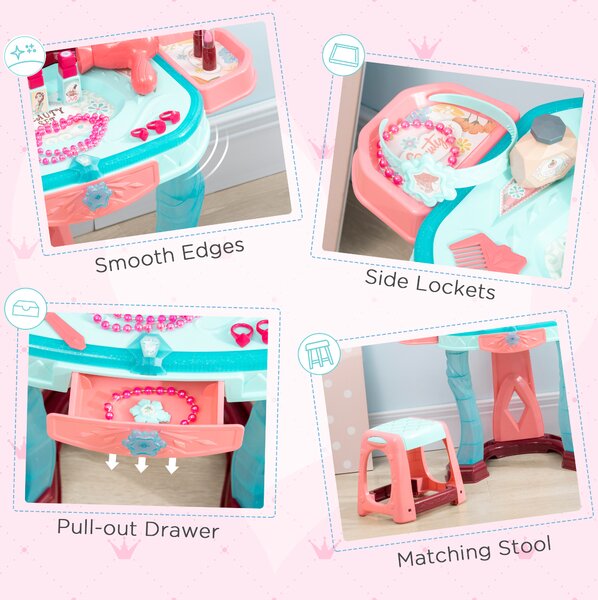 HOMCOM 31 Piece Children's Dressing Table Set with Enchanted Princess Mirror, Musical and Light-Up Beauty Kit, for Ages 3-6, Blue and Pink Aosom UK