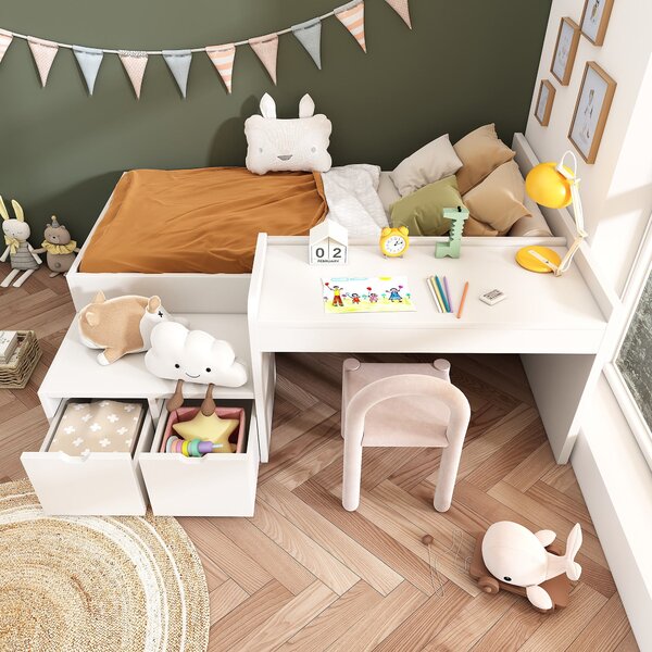 Kids Single Bed with Desk and Storage Drawers, Solid Wood Bed Frame with Lying Surface, for Teenagers, 195L x 137W x 82.5H cm, White Aosom.UK
