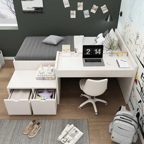 Kids Single Bed with Desk and Storage Drawers, Solid Wood Bed Frame with Lying Surface, for Teenagers, 195L x 137W x 82.5H cm, White Aosom.UK