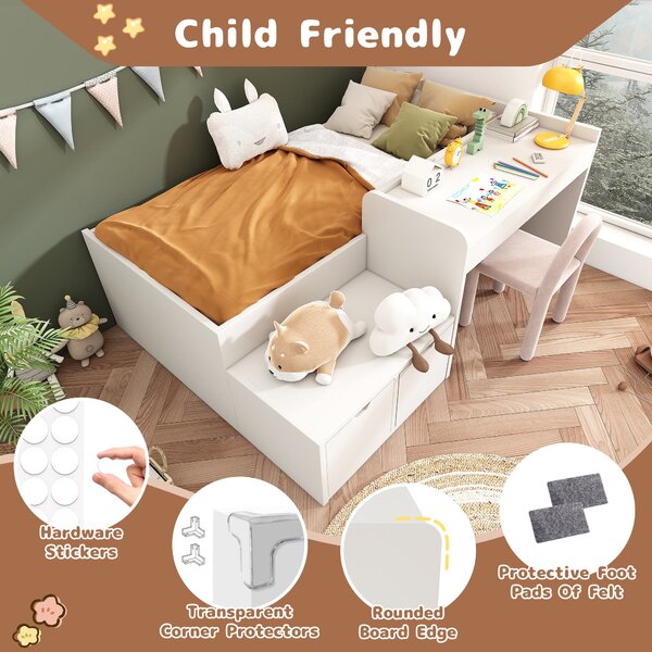 Kids Single Bed with Desk and Storage Drawers, Solid Wood Bed Frame with Lying Surface, for Teenagers, 195L x 137W x 82.5H cm, White Aosom.UK