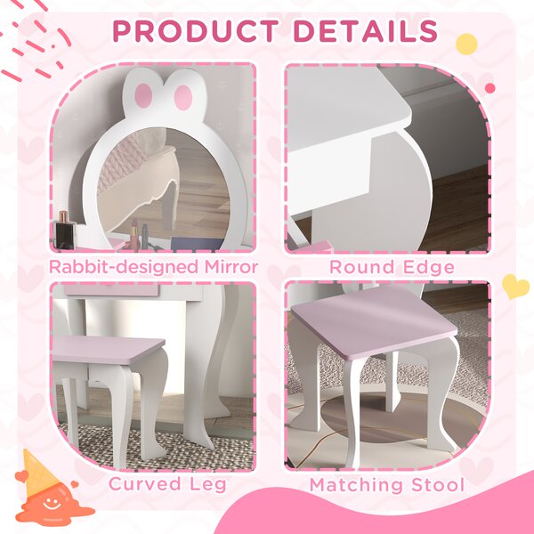 ZONEKIZ Kids Bedroom Furniture Set, Wooden with Dressing Table, Stool, Bed, Bunny-Design, for 3-6 Years Aosom UK
