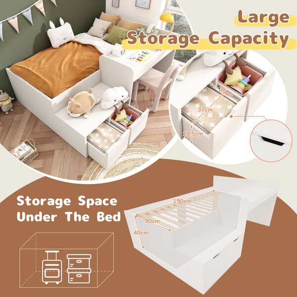 Kids Single Bed with Desk and Storage Drawers, Solid Wood Bed Frame with Lying Surface, for Teenagers, 195L x 137W x 82.5H cm, White Aosom.UK