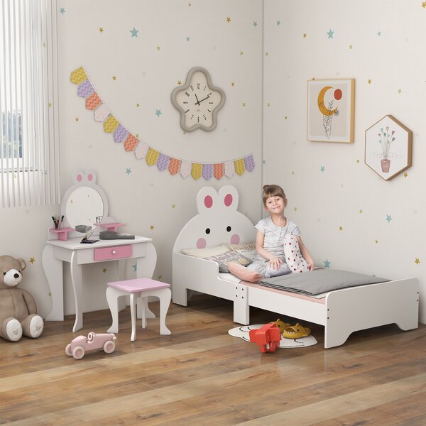 ZONEKIZ Kids Bedroom Furniture Set, Wooden with Dressing Table, Stool, Bed, Bunny-Design, for 3-6 Years Aosom UK