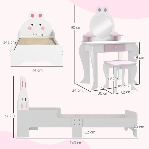 ZONEKIZ Kids Bedroom Furniture Set, Wooden with Dressing Table, Stool, Bed, Bunny-Design, for 3-6 Years Aosom UK