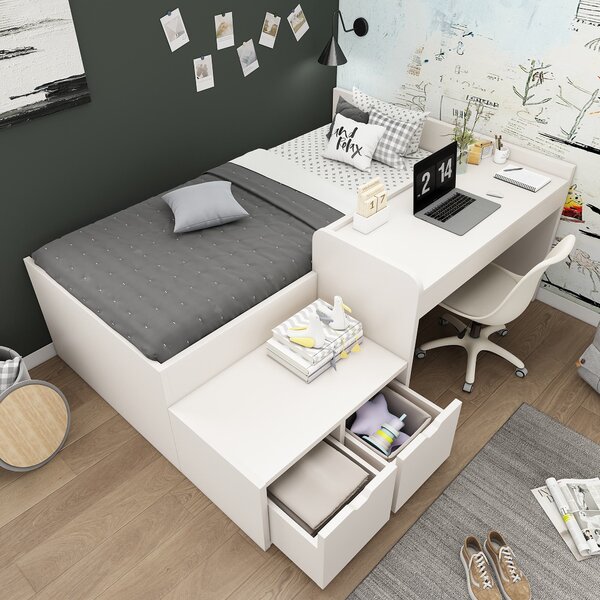 Kids Single Bed with Desk and Storage Drawers, Solid Wood Bed Frame with Lying Surface, for Teenagers, 195L x 137W x 82.5H cm, White Aosom.UK