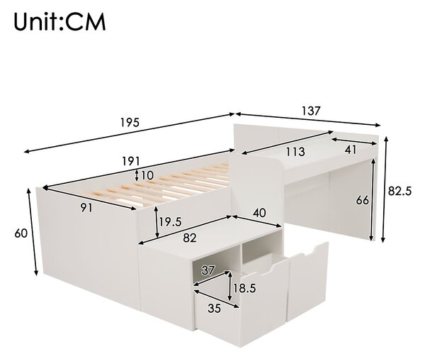 Kids Single Bed with Desk and Storage Drawers, Solid Wood Bed Frame with Lying Surface, for Teenagers, 195L x 137W x 82.5H cm, White Aosom.UK