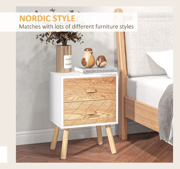 HOMCOM Wooden Bedside Table Set: 2 Nightstands with Drawers & Pine Legs, Natural Wood Storage Aosom UK
