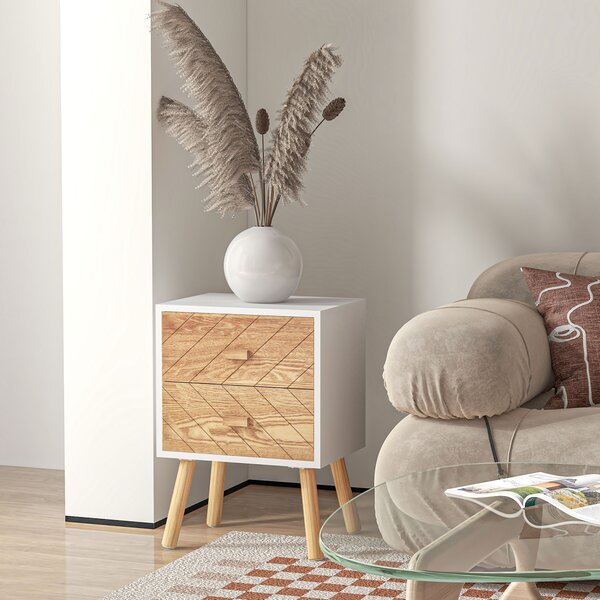 HOMCOM Wooden Bedside Table Set: 2 Nightstands with Drawers & Pine Legs, Natural Wood Storage Aosom UK