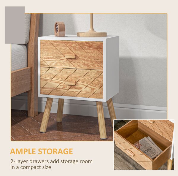 HOMCOM Wooden Bedside Table Set: 2 Nightstands with Drawers & Pine Legs, Natural Wood Storage Aosom UK