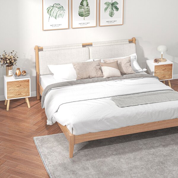 HOMCOM Wooden Bedside Table Set: 2 Nightstands with Drawers & Pine Legs, Natural Wood Storage Aosom UK