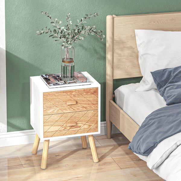 HOMCOM Wooden Bedside Table Set: 2 Nightstands with Drawers & Pine Legs, Natural Wood Storage Aosom UK
