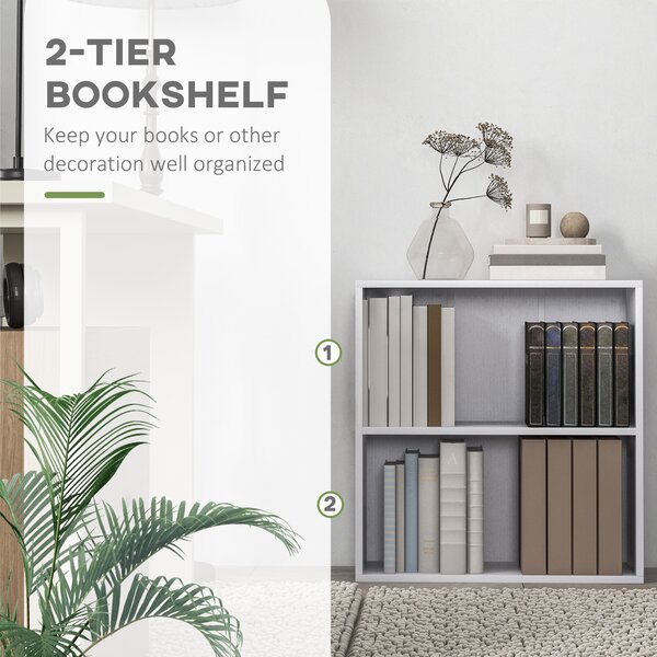 HOMCOM 2 Tier Bookshelf, Low Bookcase with Adjustable Shelf, 2 Compartments for Home Office, Living Room, Study, White Aosom UK