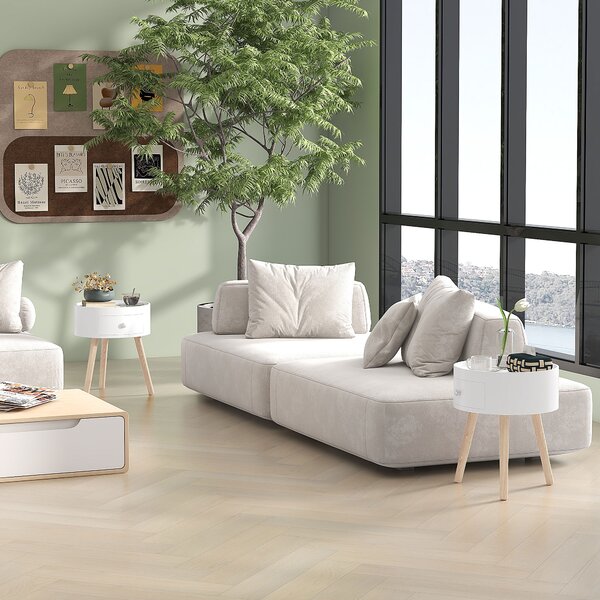 HOMCOM Modern Side Table, Small Coffee Table, Round Bedside Table with Drawer and Wood Legs for Living Room, Bedroom, Set of 2, White Aosom UK