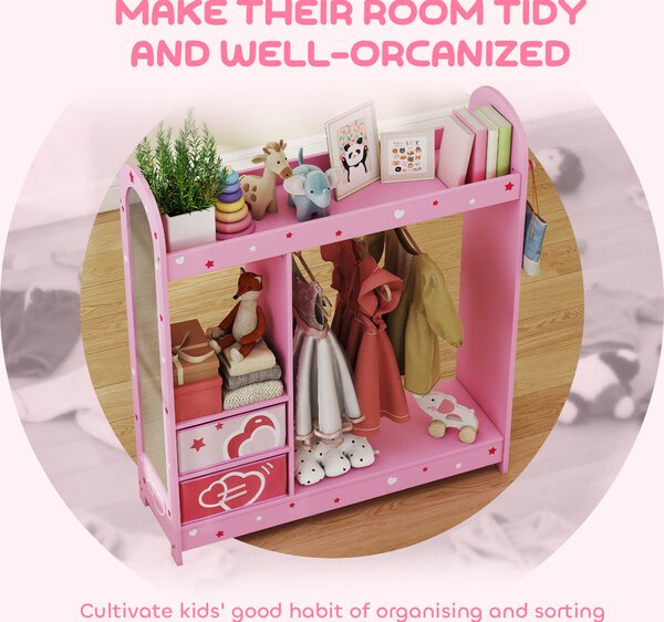AIYAPLAY Kids Clothes Rail, Kids Wardrobe with Mirror, Shelves, Fabric Storage and Hooks for Bedroom, Nursery, Pink