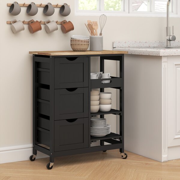 HOMCOM Rolling Kitchen Island Cart, Bar Serving Cart, Compact Trolley on Wheels with Wood Top, Shelves & Drawers for Home Dining Area, Black