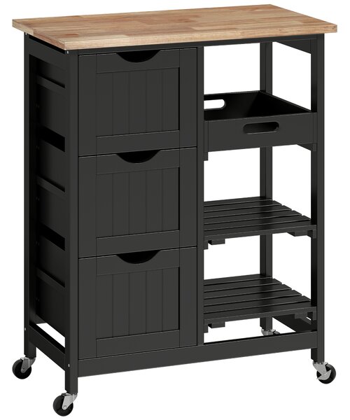 HOMCOM Rolling Kitchen Island Cart, Bar Serving Cart, Compact Trolley on Wheels with Wood Top, Shelves & Drawers for Home Dining Area, Black
