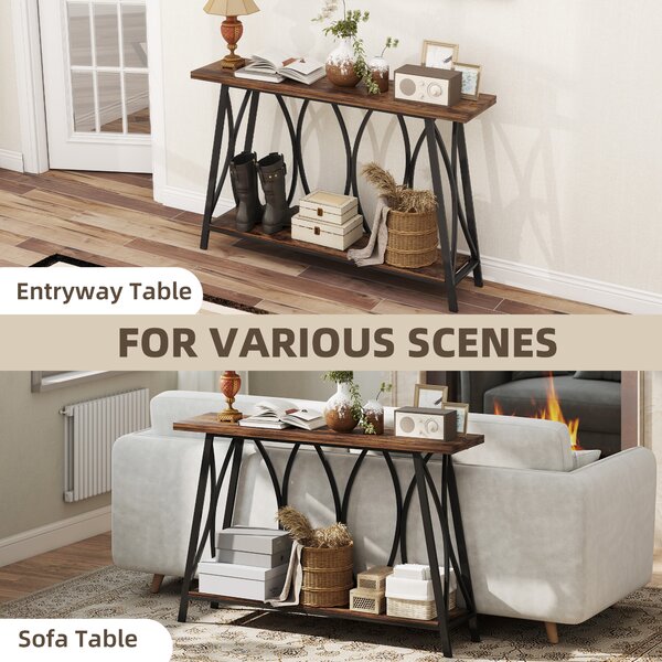 HOMCOM Narrow Console Table, Industrial 2-Tier Sofa Table with Metal Frame for Entryway, Living Room, 120x30x80cm, Rustic Brown