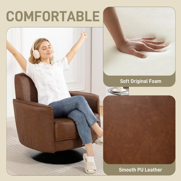 HOMCOM Upholstered Swivel Accent Chair with 20cm Thick Padding, Swivel Armchair with Pocket Spring seat support, Brown Aosom UK