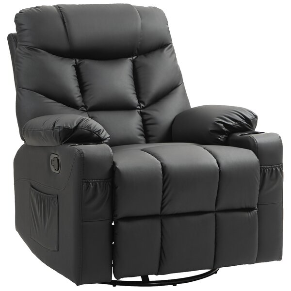 HOMCOM Manual Reclining Chair, Recliner Armchair with Swivel, Faux Leather, Footrest, Cup Holders, 86x93x102cm, Black