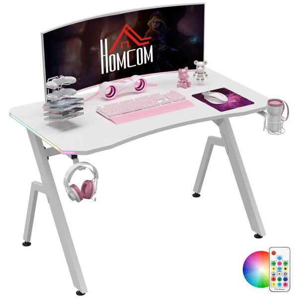 HOMCOM Gaming Desk Racing Style Home Office Ergonomic Computer Table Workstation with RGB LED Lights, Hook, Cup Holder, Rack, White Aosom UK