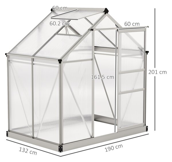 Outsunny Polycarbonate Greenhouse, Large Walk-In Green House with Slide Door and Window, Aluminium Frame, 6x4ft, Silver Tone