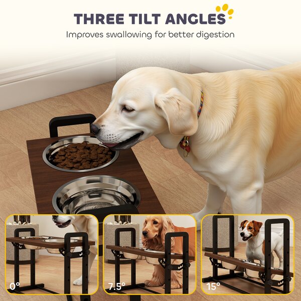 PawHut Raised Dog Bowls with Stand, 4 Heights Adjustable Pet Feeder with 3 Adjustable Angles for Small, Medium & Large Breeds, Brown