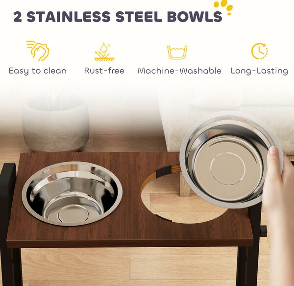 PawHut Raised Dog Bowls with Stand, 4 Heights Adjustable Pet Feeder with 3 Adjustable Angles for Small, Medium & Large Breeds, Brown