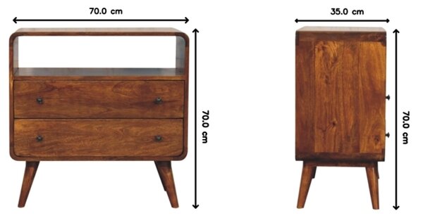 Solid Mango Wood Bedside Table, Nightstand Cabinet with 2-Drawer, Open Shelf, 35L x 70W x 70H cm, Brown Aosom UK