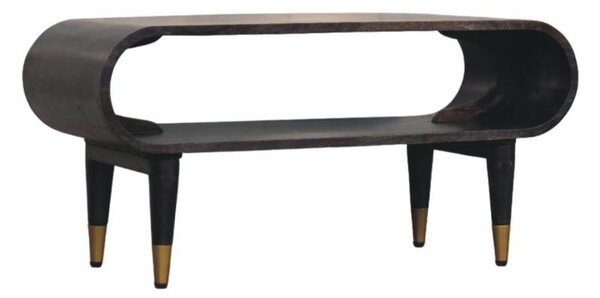 Curved-Edge Solid Mango Wood Media Unit with Brass Accents, Open Slot, Hand-finished Table with Tapered Legs, 35L x 90W x 42H cm, Brown Aosom UK