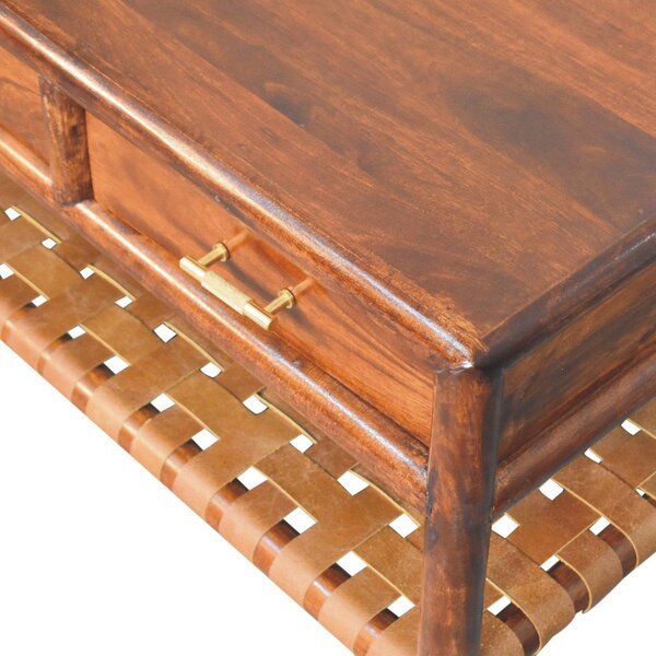 Solid Mango Wood Regency Console Table, 85cm Woven 4-Drawer Hall Unit, Easy Organisation for Bedroom, Brown Aosom UK