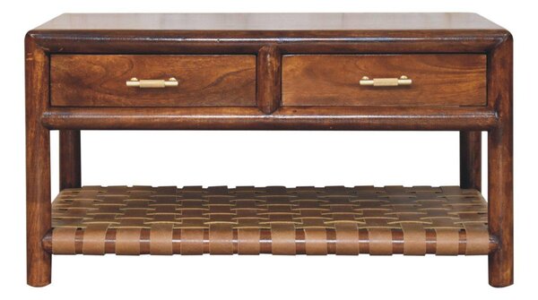 Solid Mango Wood Regency Console Table, 85cm Woven 4-Drawer Hall Unit, Easy Organisation for Bedroom, Brown Aosom UK