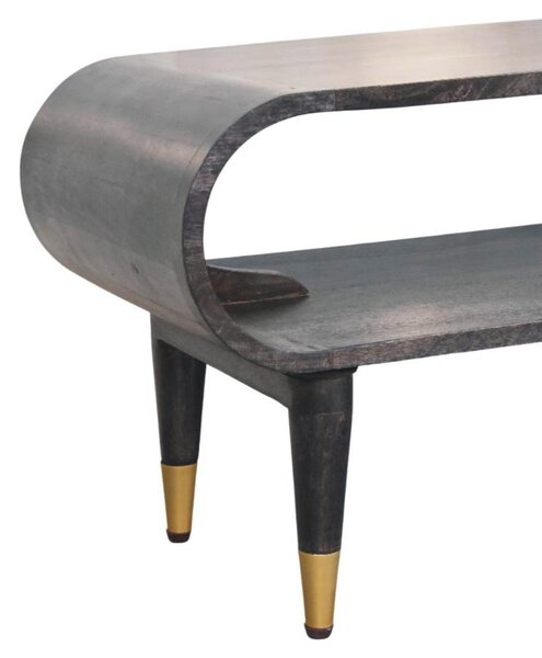 Curved-Edge Solid Mango Wood Media Unit with Brass Accents, Open Slot, Hand-finished Table with Tapered Legs, 35L x 90W x 42H cm, Brown Aosom UK