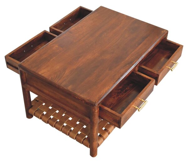 Solid Mango Wood Regency Console Table, 85cm Woven 4-Drawer Hall Unit, Easy Organisation for Bedroom, Brown Aosom UK