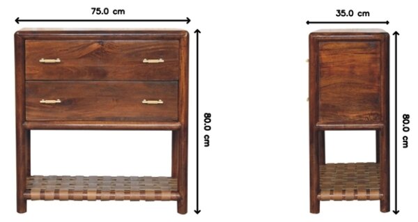 Tall Woven Cabinet with 2-Drawers & Open Shelf, Smooth-Gliding, Solid Mango Wood Bedside Table for Display & Storage Brown Aosom UK