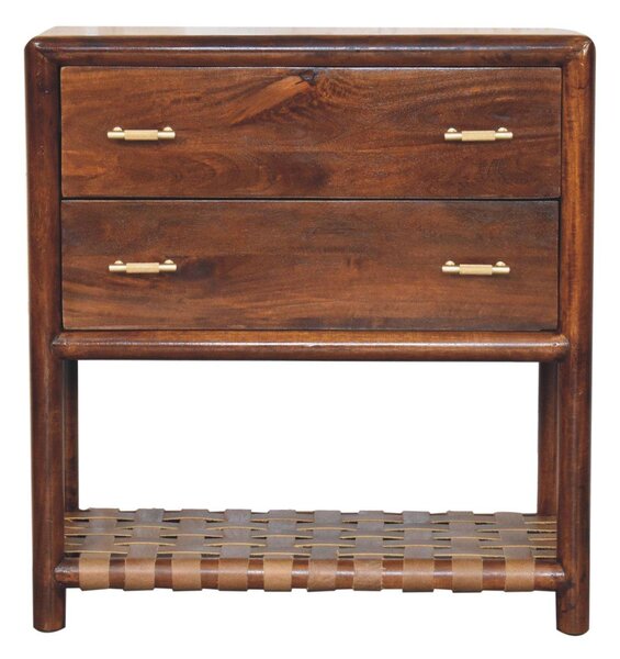 Tall Woven Cabinet with 2-Drawers & Open Shelf, Smooth-Gliding, Solid Mango Wood Bedside Table for Display & Storage Brown Aosom UK