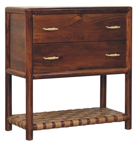 Tall Woven Cabinet with 2-Drawers & Open Shelf, Smooth-Gliding, Solid Mango Wood Bedside Table for Display & Storage Brown Aosom UK