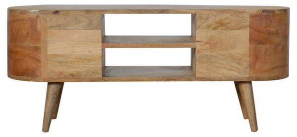 Solid 100% Mango Wood Rounded Entertainment Unit with 4 Drawers and 2 Open Shelves, Table with Slim Nordic Legs, 35L x 110W x 47H cm, Brown Aosom UK