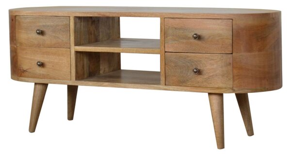 Solid 100% Mango Wood Rounded Entertainment Unit with 4 Drawers and 2 Open Shelves, Table with Slim Nordic Legs, 35L x 110W x 47H cm, Brown Aosom UK