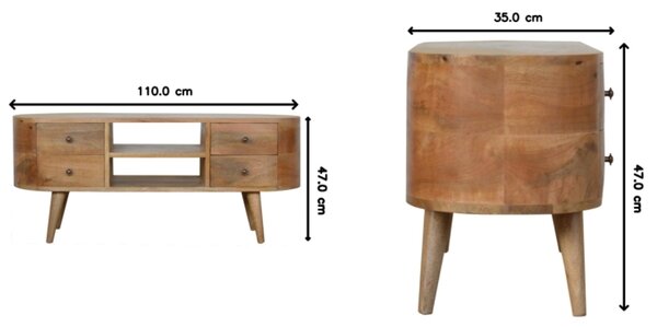 Solid 100% Mango Wood Rounded Entertainment Unit with 4 Drawers and 2 Open Shelves, Table with Slim Nordic Legs, 35L x 110W x 47H cm, Brown Aosom UK