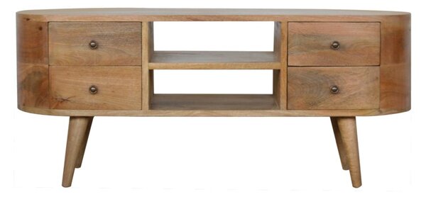 Solid 100% Mango Wood Rounded Entertainment Unit with 4 Drawers and 2 Open Shelves, Table with Slim Nordic Legs, 35L x 110W x 47H cm, Brown Aosom UK