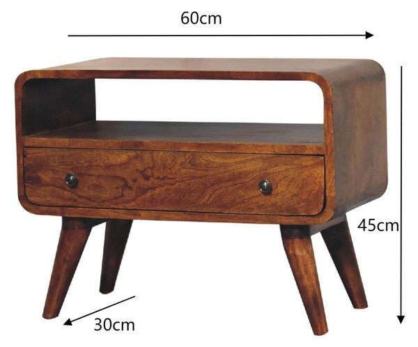 Solid Mango Wood Curved Media Unit with Drawer and Open Slot, Hand‑finished TV Cabinet for Organised Storage, 30L x 60W x 45H cm, Brown Aosom UK