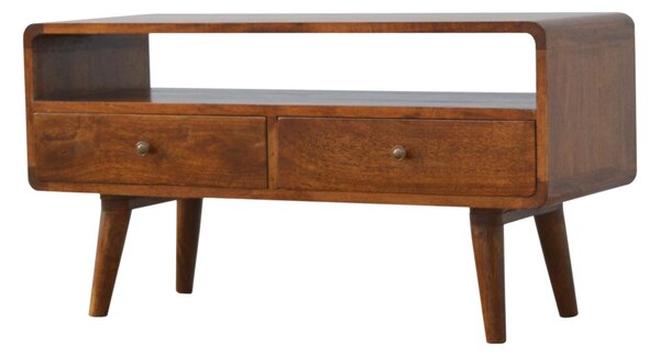 Solid Mango Wood Curved Media Unit with 2 Smooth-Gliding Drawers and Open Shelf, Table for Ample Storage, 35L x 90W x 47H cm, Brown Aosom UK