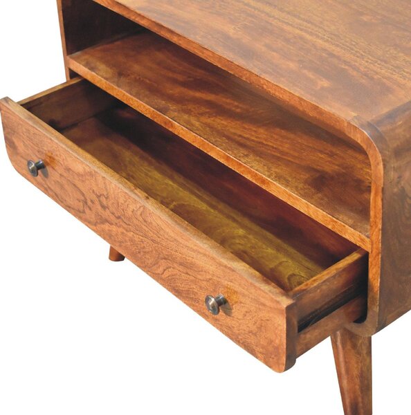 Solid Mango Wood Curved Media Unit with Drawer and Open Slot, Hand‑finished TV Cabinet for Organised Storage, 30L x 60W x 45H cm, Brown Aosom UK